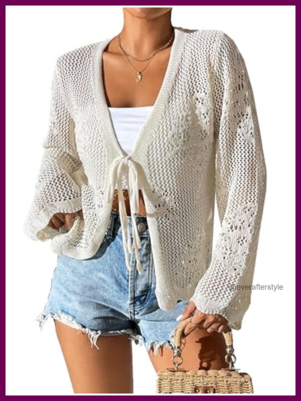Crochet Knit Tie-Front Bell Sleeve Cardigan Beach Coverup